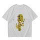 Olive T-shirt with a grumpy cartoon dinosaur holding a coffee mug
