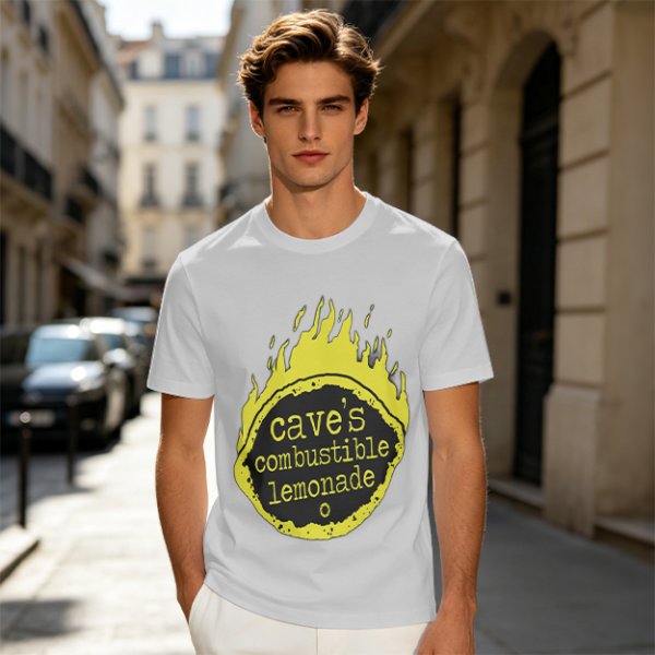 Olive t-shirt with cave's combustible lemonade flame graphic