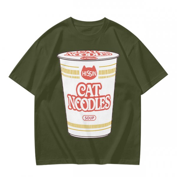 Olive T-shirt with Cat Noodles Cup Print