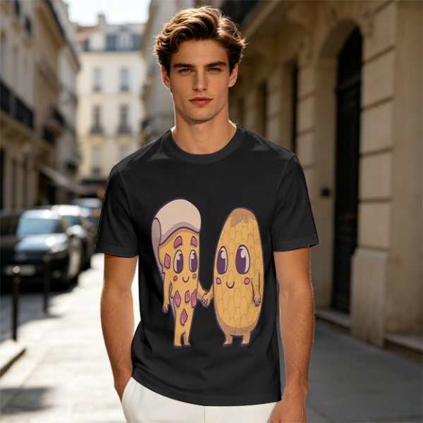 Olive Green T-Shirt With Cute Pizza And Corn Holding Hands Art