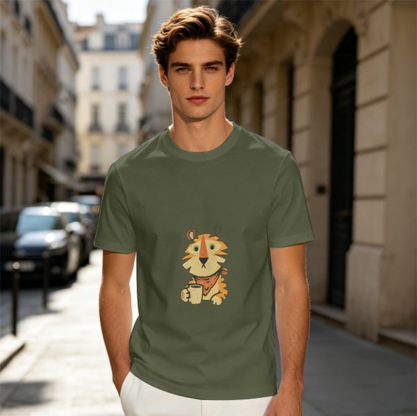Olive Green T-Shirt with Cute Tiger Holding Coffee Mug Print