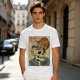 Olive t-shirt with a skull ramen bowl and a napping tabby cat print