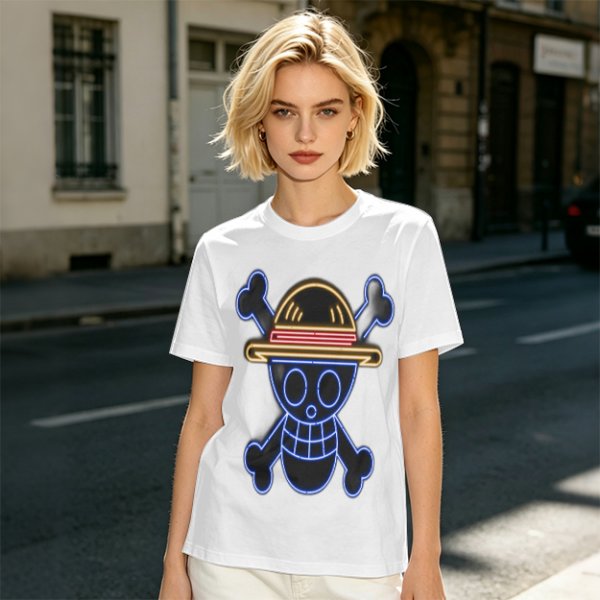 Olive T-Shirt with Neon Style Straw Hat Pirate Skull Print