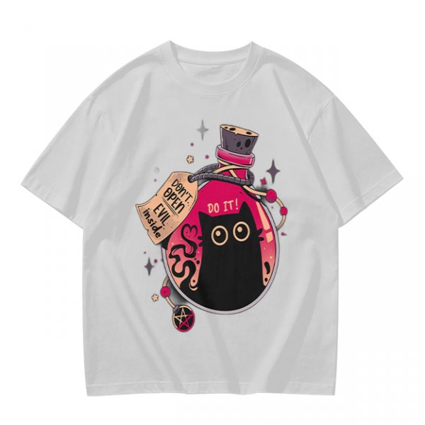 Olive T-shirt with a potion bottle holding a black cat that says don't open evil inside do it