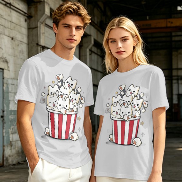 Olive T-Shirt With Cute Kitten Popcorn Bucket Graphic