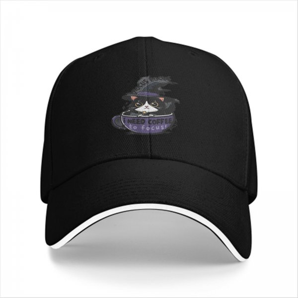 Black baseball cap with witch cat coffee cup 'I need coffee to focus' print