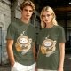 Olive Green T-Shirt With Cute Cat Latte Art And Kittens Print