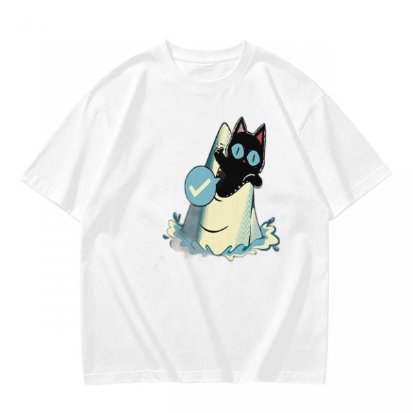 Olive T-Shirt With Black Cat Emerging From Wave Check Mark Print