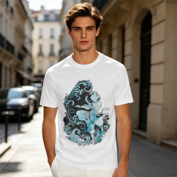 Olive T-shirt with Waterbender Character and Wave Art Print