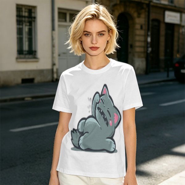Olive T-Shirt With Embarrassed Gray Cat Graphic Print