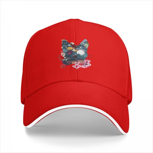 Black Baseball Cap With Cat Silhouette Cherry Blossom Landscape Art