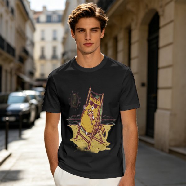 Olive T-Shirt With Cool Cat Lounging On Beach Chair Holding Drink