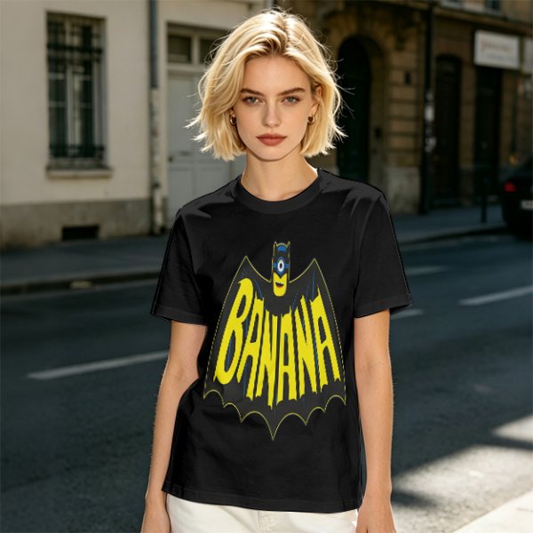 Olive green t-shirt with banana bat logo graphic
