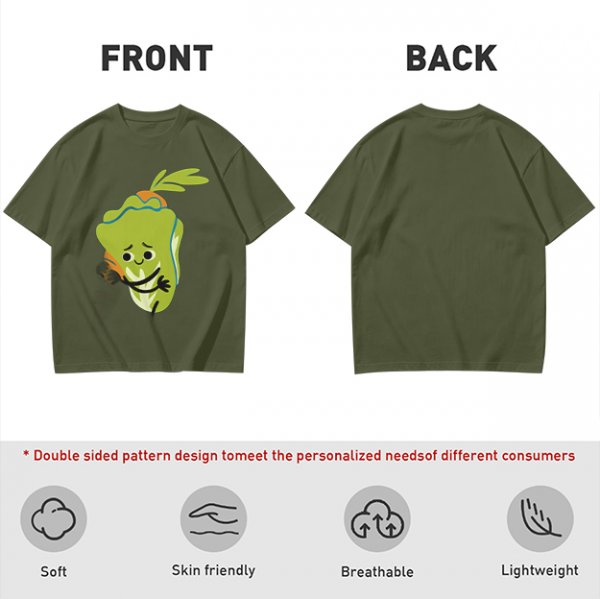 Olive Green T-Shirt With Sad Cartoon Cabbage Graphic