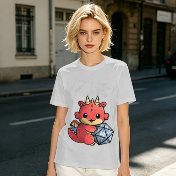 Cute Red Dragon Holding D20 Dice Graphic T-Shirt
