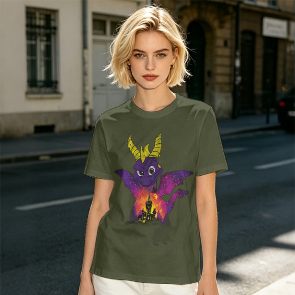 Olive T-Shirt Featuring Spyro The Dragon With Castle Galaxy Artwork