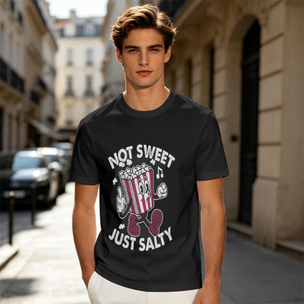Olive T-Shirt with 'Not Sweet Just Salty' Cartoon Popcorn Print