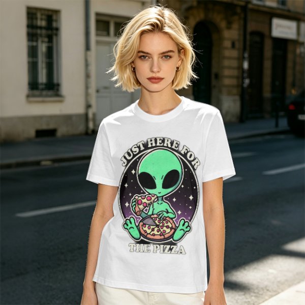Olive green t-shirt with alien eating pizza text Just Here For The Pizza