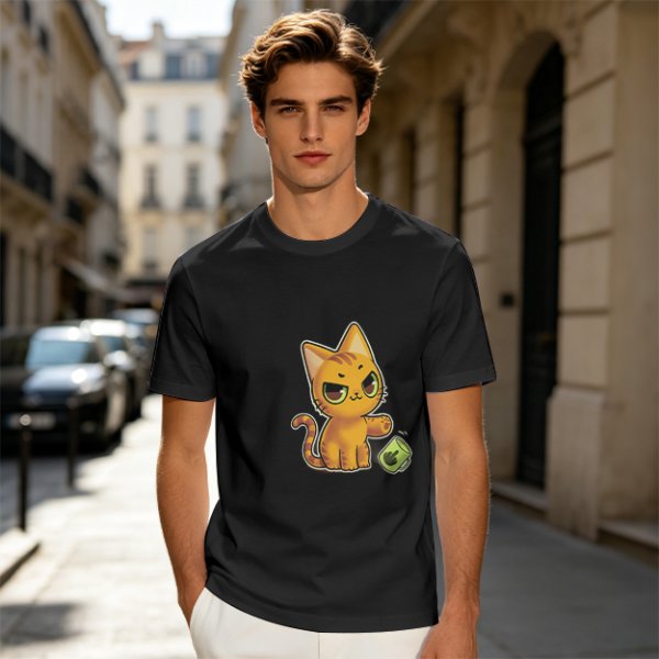 Olive T-shirt with mischievous orange cat knocking over green cup print