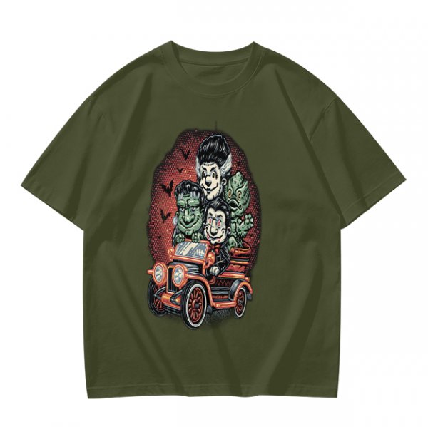 Halloween Monster Characters Driving Vintage Car Graphic T-Shirt