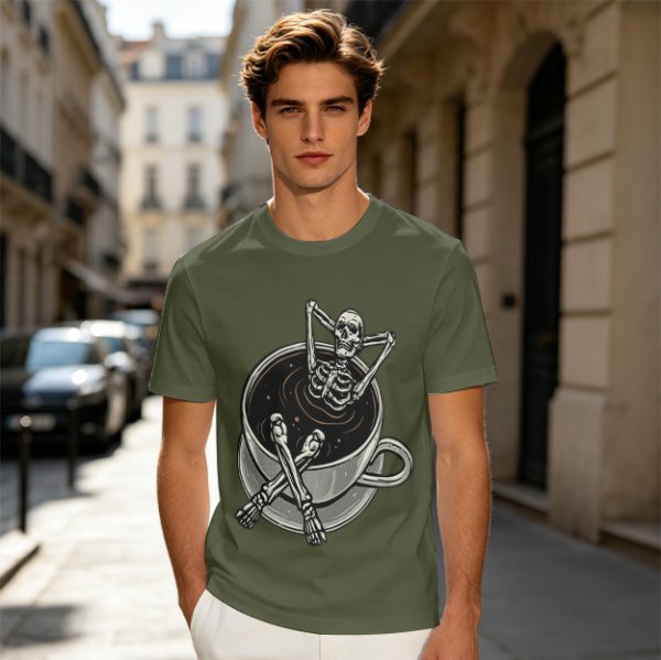 Olive T-shirt with skeleton relaxing in coffee cup graphic