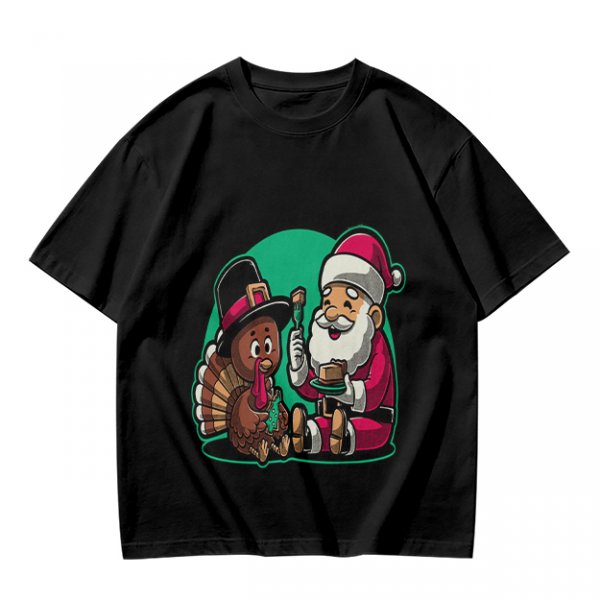 Olive T-Shirt with Santa and Thanksgiving Turkey Graphic