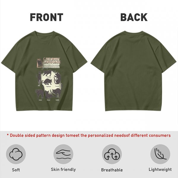 Olive T-Shirt With Cat Body Language Illustrations