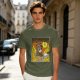 Olive T-shirt with Cartoon Bear Costume Figure in Flames Art