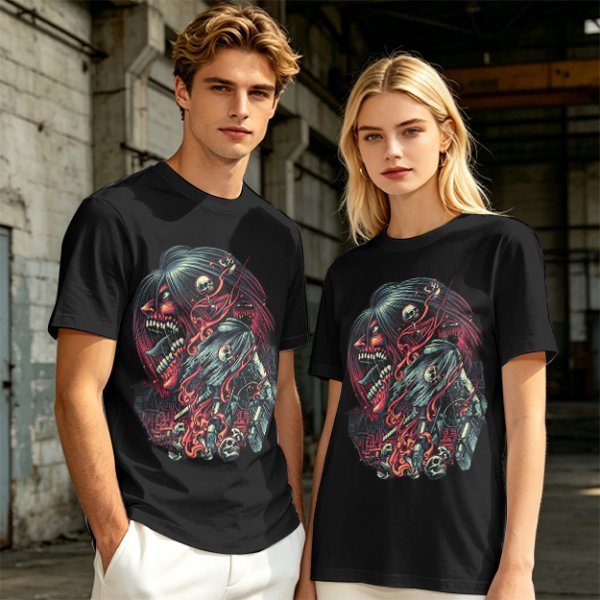 Olive T-Shirt With Dark Fantasy Skull And Monster Graphic Print
