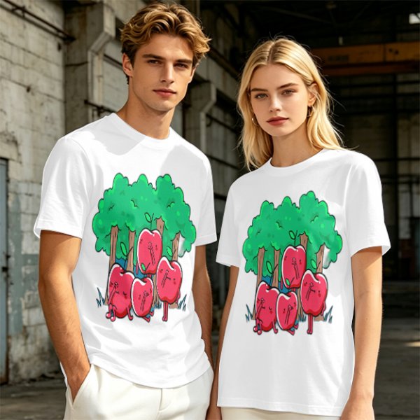Olive T-Shirt With Cartoon Anthropomorphic Apples In Forest Print