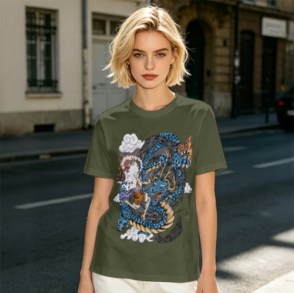 Olive Anime Dragon Graphic Short Sleeve T-Shirt