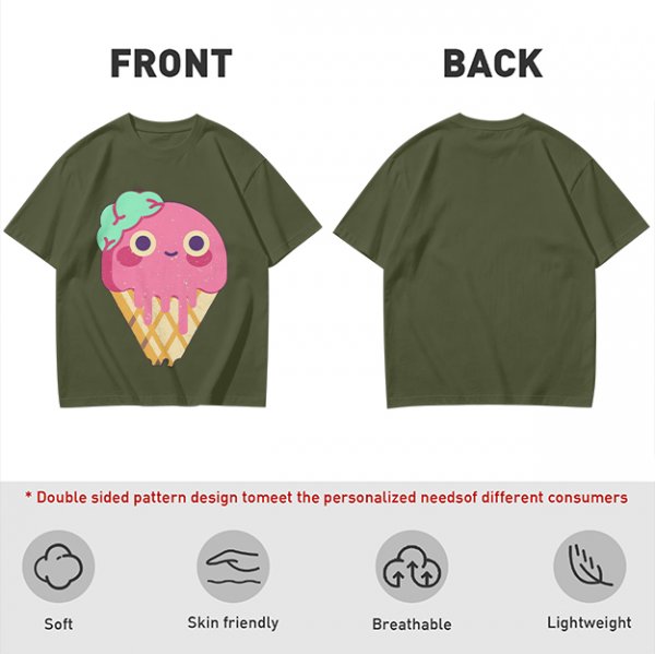 Olive T-Shirt With Cute Melting Pink Ice Cream Cone Graphic
