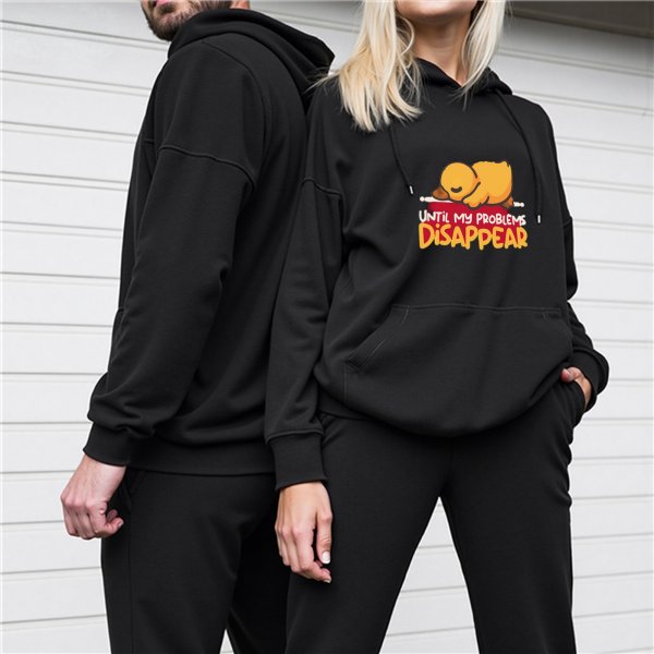 Black hoodie with sleeping duck graphic and 'Until My Problems Disappear' text