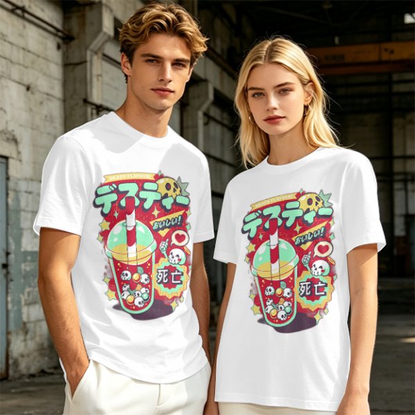 Olive t-shirt with spooky skull bubble tea graphic and Japanese text