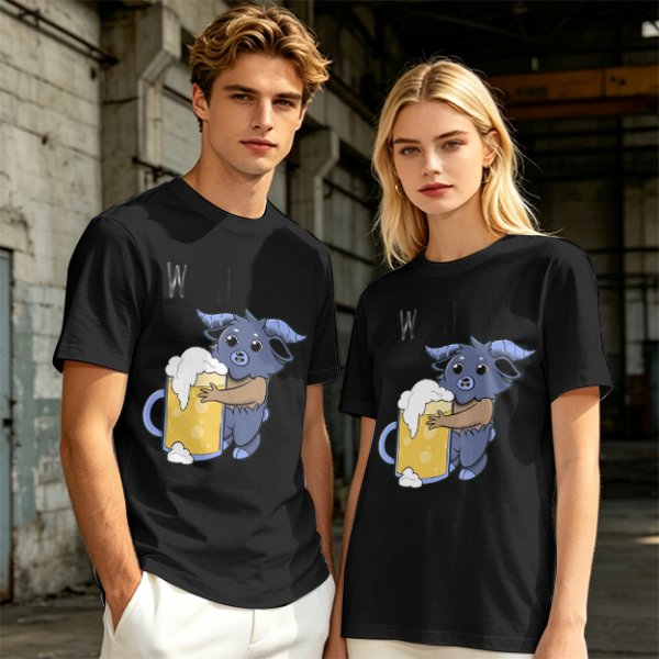 Olive T-Shirt With Cute Blue Goat Holding Foamy Beer Mug Print