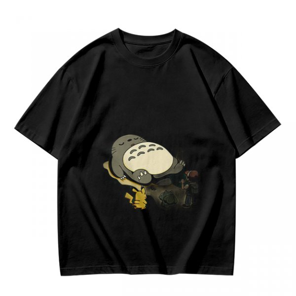 Olive T-shirt with Sleeping Totoro and Crossover Anime Characters Print