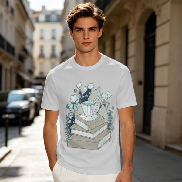 Olive T-Shirt With Stacked Books Teacup Floral Print