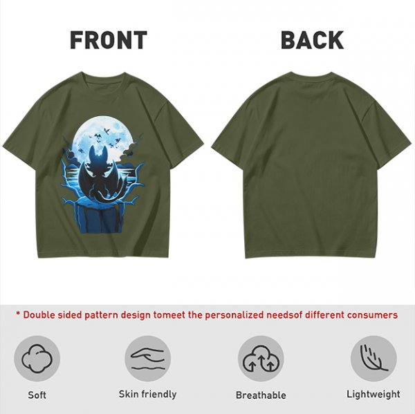 Olive T-Shirt Featuring Dragon Silhouette Under Full Moon