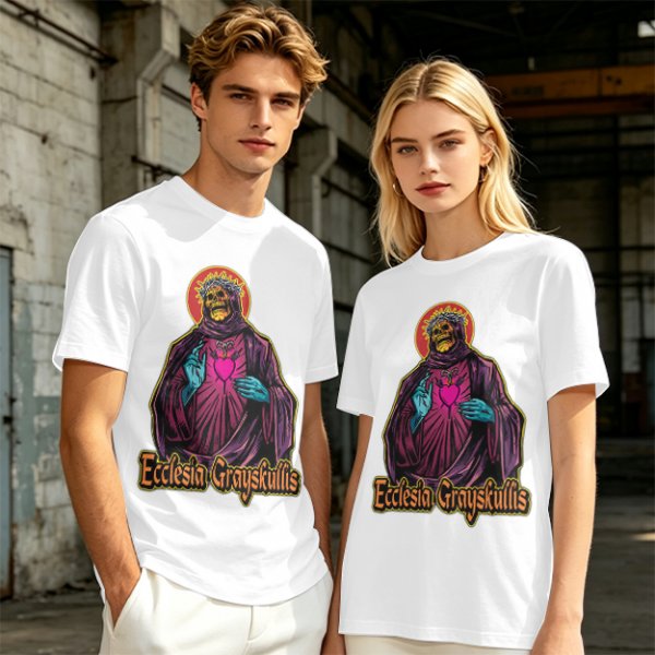 Olive t-shirt with skeleton religious graphic and Ecclesia Grayskullis text
