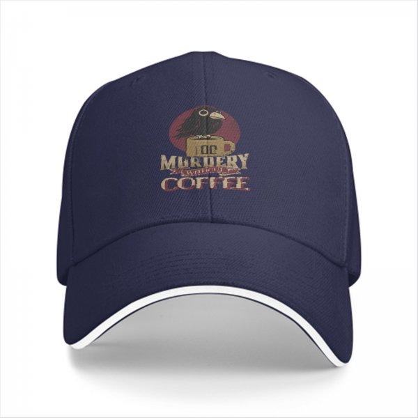 Black baseball cap with 'Too Murdery Without Coffee' crow graphic