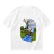 Olive T-shirt with Cartoon Boys Balancing on Log Over Stream