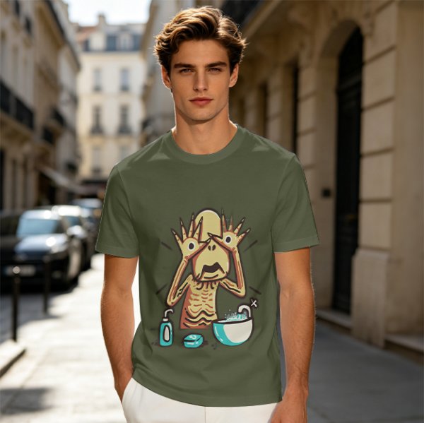 Olive T-shirt with a startled alien washing hands graphic