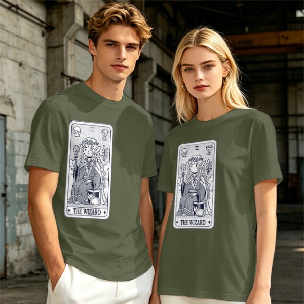Olive T-Shirt With The Wizard Tarot Card Style Graphic Print