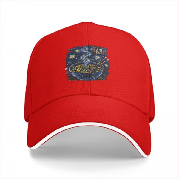 Black baseball cap with starry night ramen bowl graphic