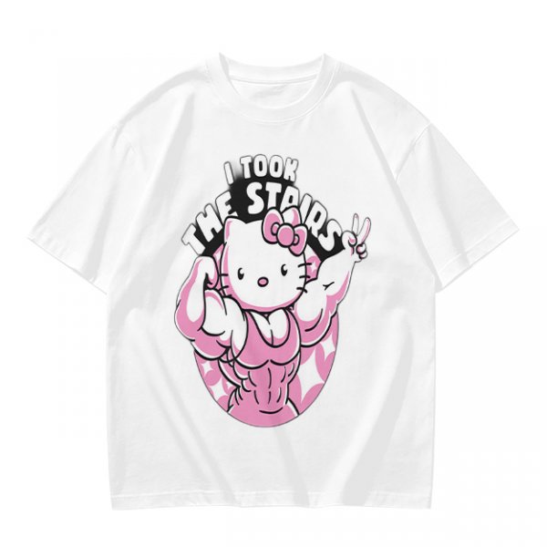 Olive t-shirt with muscular Hello Kitty graphic and 'I Took The Stairs' text