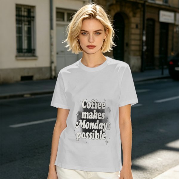 Olive green t-shirt with 'Coffee makes Mondays possible' print