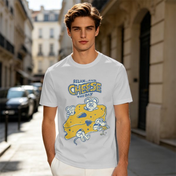 Olive graphic t-shirt with 'Relax and Cheese the Day' and mice on cheese