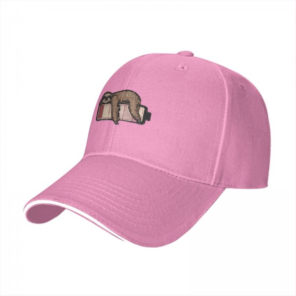 Black baseball cap with a sleepy sloth on low battery icon print