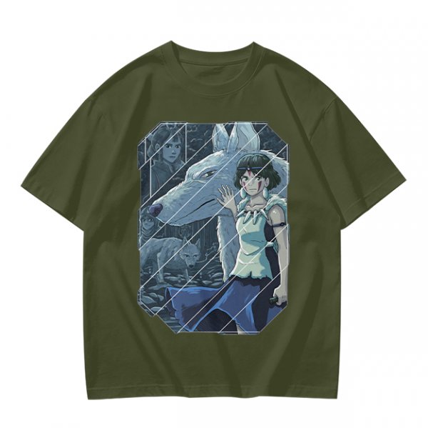 Olive T-Shirt Featuring Princess Mononoke Wolf Artwork