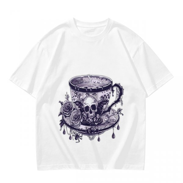 Olive T-shirt with Gothic Skull Teacup and Roses Print